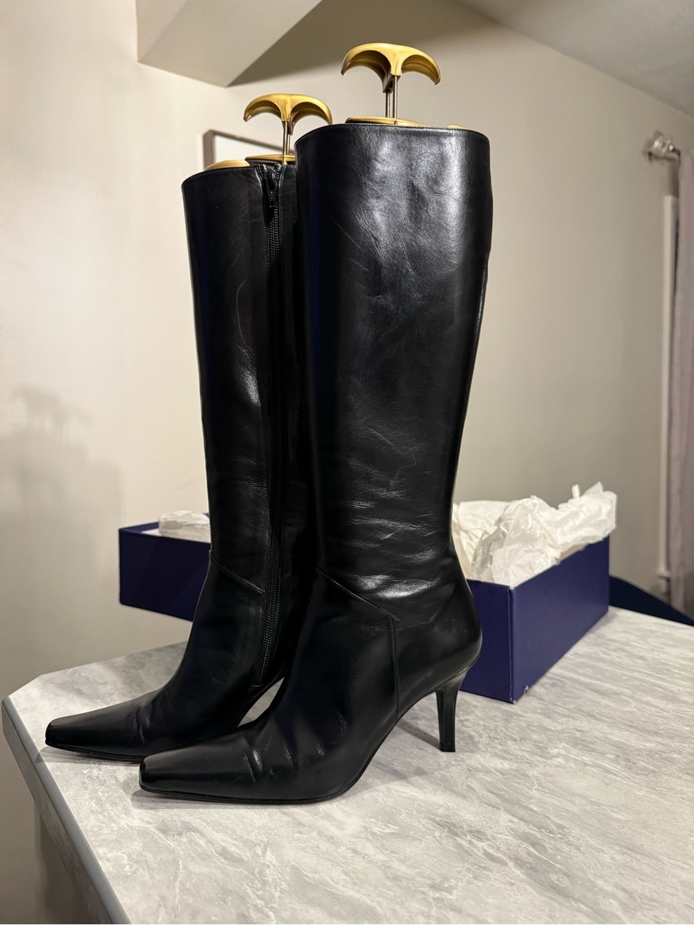 Rare Stuart Weitzman Restless Black Knee High Square Toe Boots, Size 6.